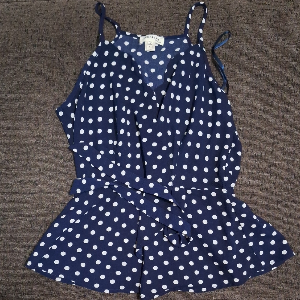Monteau Navy and White Polka Dot Top